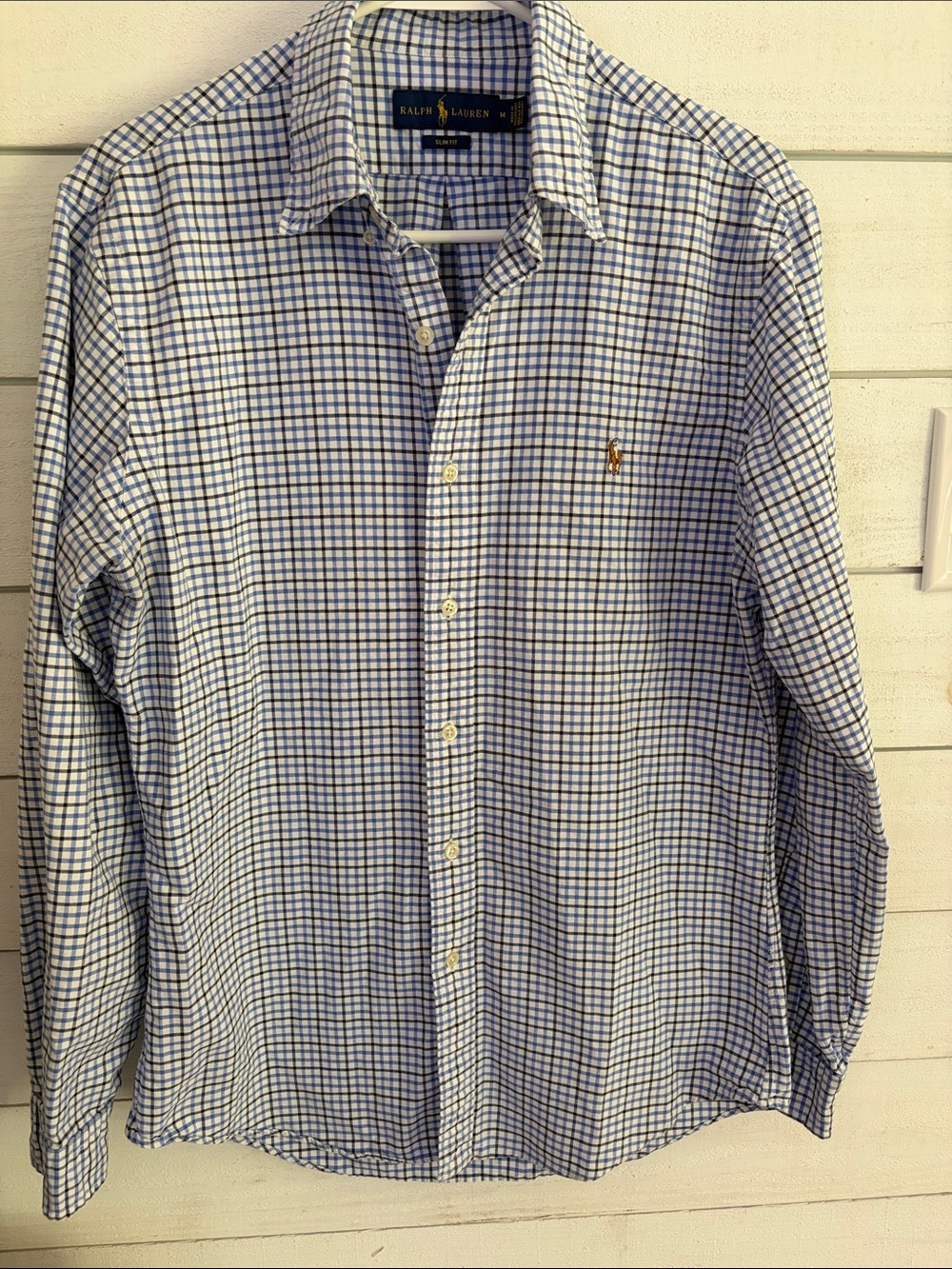 Ralph Lauren Men's Slim Fit Button Down Shirt Medium Blue White Plaid Cotton